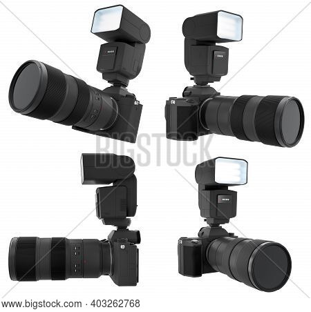 Concept Of Nonexistent Dslr Camera With Lens And External Flash Speedlight Isolated On White Backgro