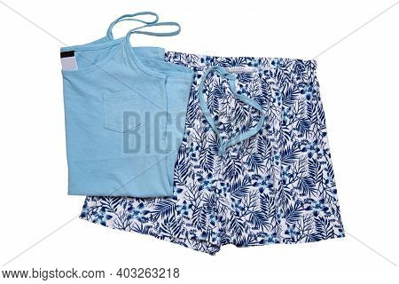 Night Gown Isolated. Close-up Of Blue Female Cotton Sexy Nightwear Summer Set Of Shorts And A Top Wi