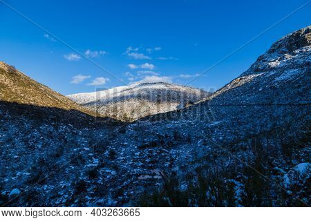 Winter landscape with snow in mountains of Serra do Geres natural park, Portugal