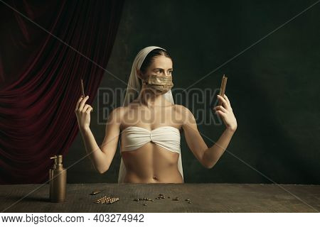 Doctor. Modern Remake Of Classical Artwork With Coronavirus Theme - Young Medieval Woman On Dark Bac