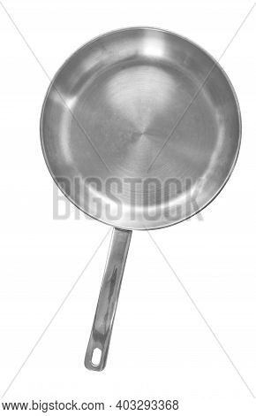 Isolated Pan Fry On White Background, Modern Stainless Steel Pan-fry, Top View Image. Blank Space On