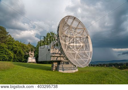 Satellite Dish In A Summer Landscape, Radiotelescope For Deep Space Research. Ondrejov Observatory, 
