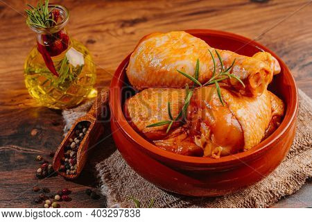 Top View.convenience Food,pree Cooked.raw Chicken For Grilling With Spices For Cooking.marinated Chi