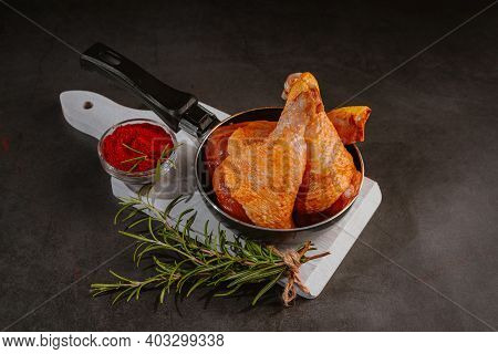 Top View.convenience Food,pree Cooked.marinated Chicken Drumstick Black Background Raw Chicken Meat 