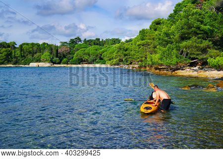 ROVINJ, CROATIA, 19 SEPTEMBER 2020: Tourists enjoying the picturesque resort of Rovinj, Golden Cape Forest Park, Istrian Peninsula, Croatia, Europe