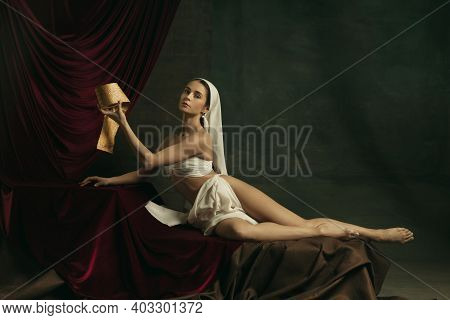 Posing Beautiful. Modern Remake Of Classical Artwork With Coronavirus Theme - Young Medieval Woman O