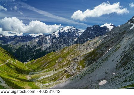 Mountain Landscape Along The Road To Stelvio Pass, Bolzano Province, Trentino-alto Adige, Italy, At 