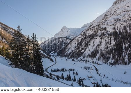 Winter Landscape With Mountains And Ski Resort Town Matrei In Osttirol Austria.