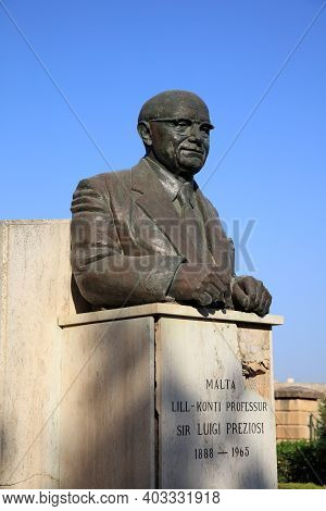 Valletta, Malta - August 14, 2019: Statue Of Sir Luigi Preziosi In Valletta. Malta