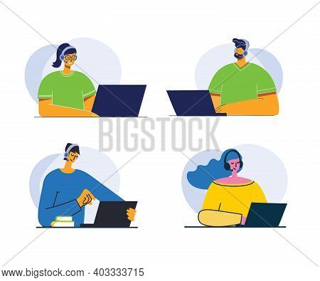 Handsome Businessman And Businesswoman And Man With The Inscription Contact Us. Cartoon Character. S