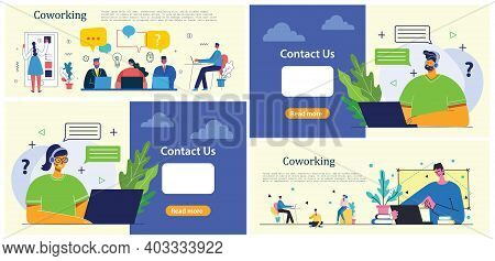 Handsome Businessman And Businesswoman And Man With The Inscription Contact Us. Cartoon Character. S