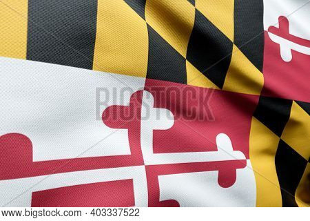 Maryland State Flag Waving In The Wind. Close Up Usa