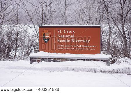 St. Croix Falls, Wisconsin - January 9, 2021: Welcome Sign For The St. Croix National Scenic Riverwa