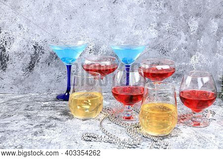 Assortment Of Alcoholic Cocktail With Lemonade, Wine, Champagne, Grog Or Martini In Glasses On A Gra