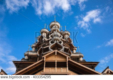 17th century wooden Church of the Transfiguration at Kizhi Pogost historical site on Kizhi Island, Lake Onega, listed as UNESCO World Heritage Site