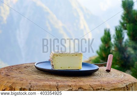 Cheese Collection, French Tomme De Savoie Or Tome Des Bauges Cheese Served Outdoor With Alpine Mount