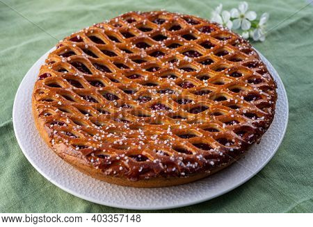 Cherry Pie With Dough Lattice From Limburg, Netherlands Served In Sunny Garden