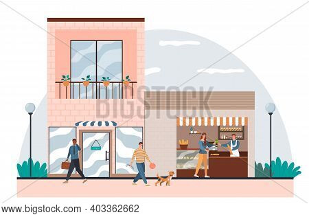 Male Vendor Is Working At Outdoor Takeaway Food And Drink On Modern City Street. Men And Woman Buyin