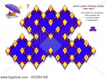 Math Logic Puzzle Game For Smartest. Find Solution For All Equations. Solve Examples And Write Numbe