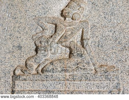 Hampi, Karnataka, India - November 5, 2013: Vijaya Vitthala Temple. Closeup Of Gray Stone Fresco Of 