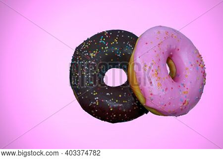 Pink Cream Donuts And Chocolate Donuts Pink Background Isolated.