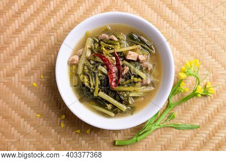 Northern Thai Food (pak Kad Jor), Sour Soup Thai Flowering Bok Choy With Pork In A Bowl, Top View