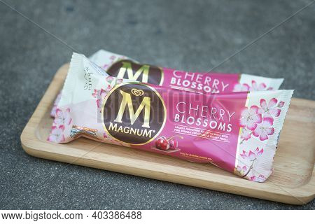 Samut Prakan, Thailand - January 15, 2021 : Ice Cream Wall Magnum Ice Cream Cherry Blossoms Flavor O