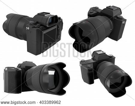 Concept Of Nonexistent Dslr Camera With Macro Lens Isolated On A White Background. 3d Rendering And 