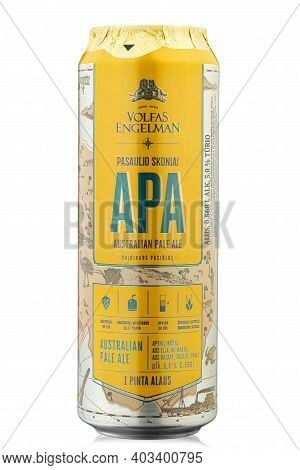 Kyiv, Ukraine - December 21, 2020: Aluminium Can Beer Volfas Engelman Apa Cherry Produced Lithuanian