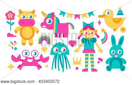 Doll, Animal, Cow, Rabbit, Unicorn And So On. Bright Cartoon Set Of Kids Toys Isolated On White. Col