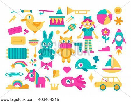 Bright Cartoon Set Of Kids Toys Isolated On White. Collection For Educational Game Design For Childr