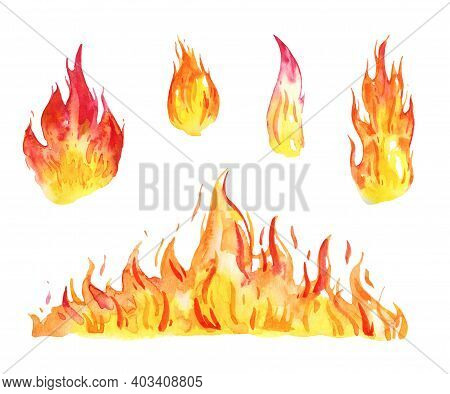Watercolor Flames, Lights And Torches Set. Different Fire Elements. Hand Drawn Sketch Illustration. 