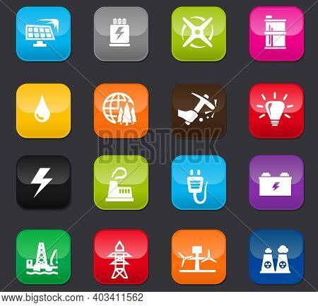 Alternative Energy Icons Set For Web Sites And User Interface. Colored Buttons On A Dark Background