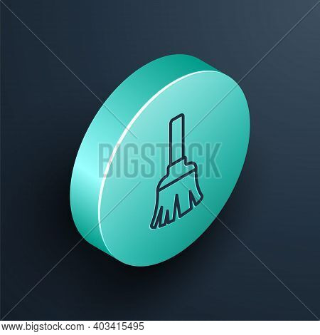 Isometric Line Feather Broom For Cleaning Icon Isolated On Black Background. Feather Duster. Turquoi