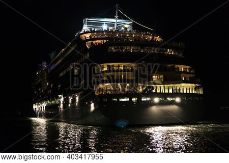 Rear View At Night On A Giant Cruise Ship