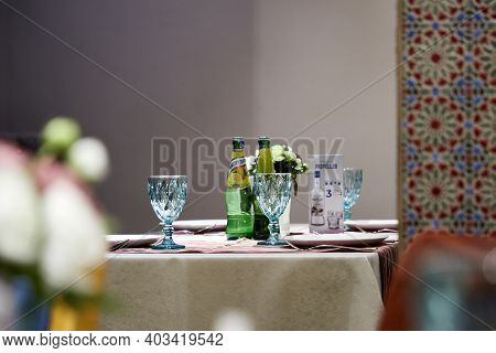Nur-sultan, Kazakhstan: January 04, 2021 - Served Table In The Cafe With Glasses And Beverages