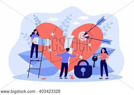 Tiny People Curing Broken Heart Flat Vector Illustration. Cartoon Vulnerable And Sensitive Person Fi