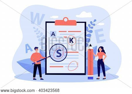 Tiny People Proofreading Text Flat Vector Illustration. Cartoon Students Checking Grammar Errors In 