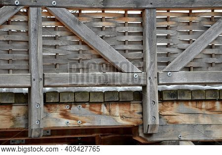 Medieval Oak Wood, Bolted. A Bridge Over A Moat Built According To A Period Model. Wooden Bridges Co