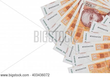 100 Croatian Kuna Bills Lies Isolated On White Background With Copy Space. Rich Life Conceptual Back