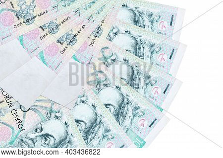 100 Czech Korun Bills Lies Isolated On White Background With Copy Space Stacked In Fan Shape Close U