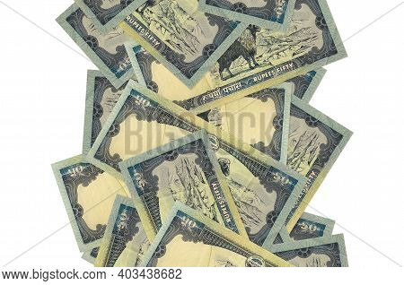 50 Nepalese Rupees Bills Flying Down Isolated On White. Many Banknotes Falling With White Copy Space