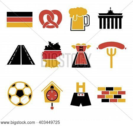 Vector Icons Set For Creating Infographics Related To Germany, Like Leather Trousers, Beer Mug, Pret