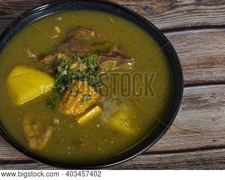 Variety Of Typical Dishes Of Colombian Gastronomy. Picada, Tripe, San Cocho, Paisa Tray.