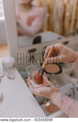 Everyday Beauty Routine. Make Up Artist. Dressing Vanity. Womens Hands. Pastel Colors. In Front Of T