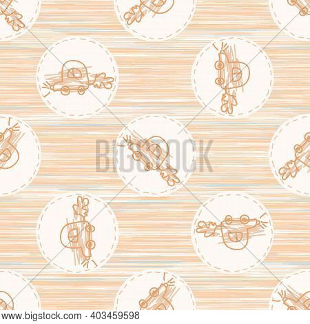 Cute Crayon Scribble Car Kid Doodle Background. Hand Drawn Earthy Whimsical Motif Seamless Pattern. 