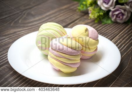 Homemade Gentle Apple And Berry Marshmallows On A White Plate. Homemade Healthy Sweets. A Lot Of Han