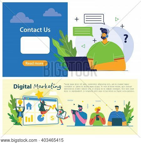 Handsome Businessman And Businesswoman And Man With The Inscription Contact Us. Cartoon Character. S