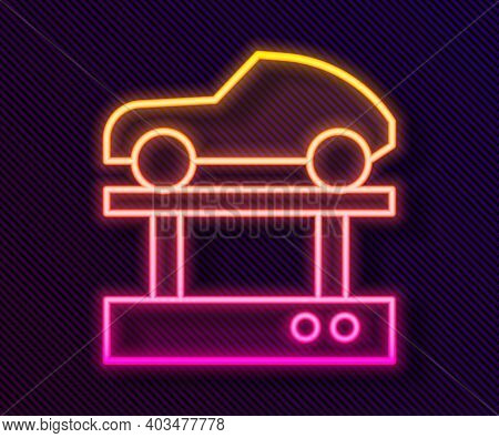 Glowing Neon Line Repair Car On A Lift Icon Isolated On Black Background. Repair Of The Underbody, S