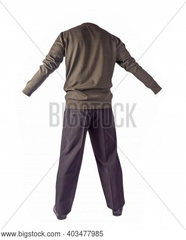 Mens Dark Green Knitten Bomber Jacket , Black Pants And Black Leather Shoes Isolated On White Backgr